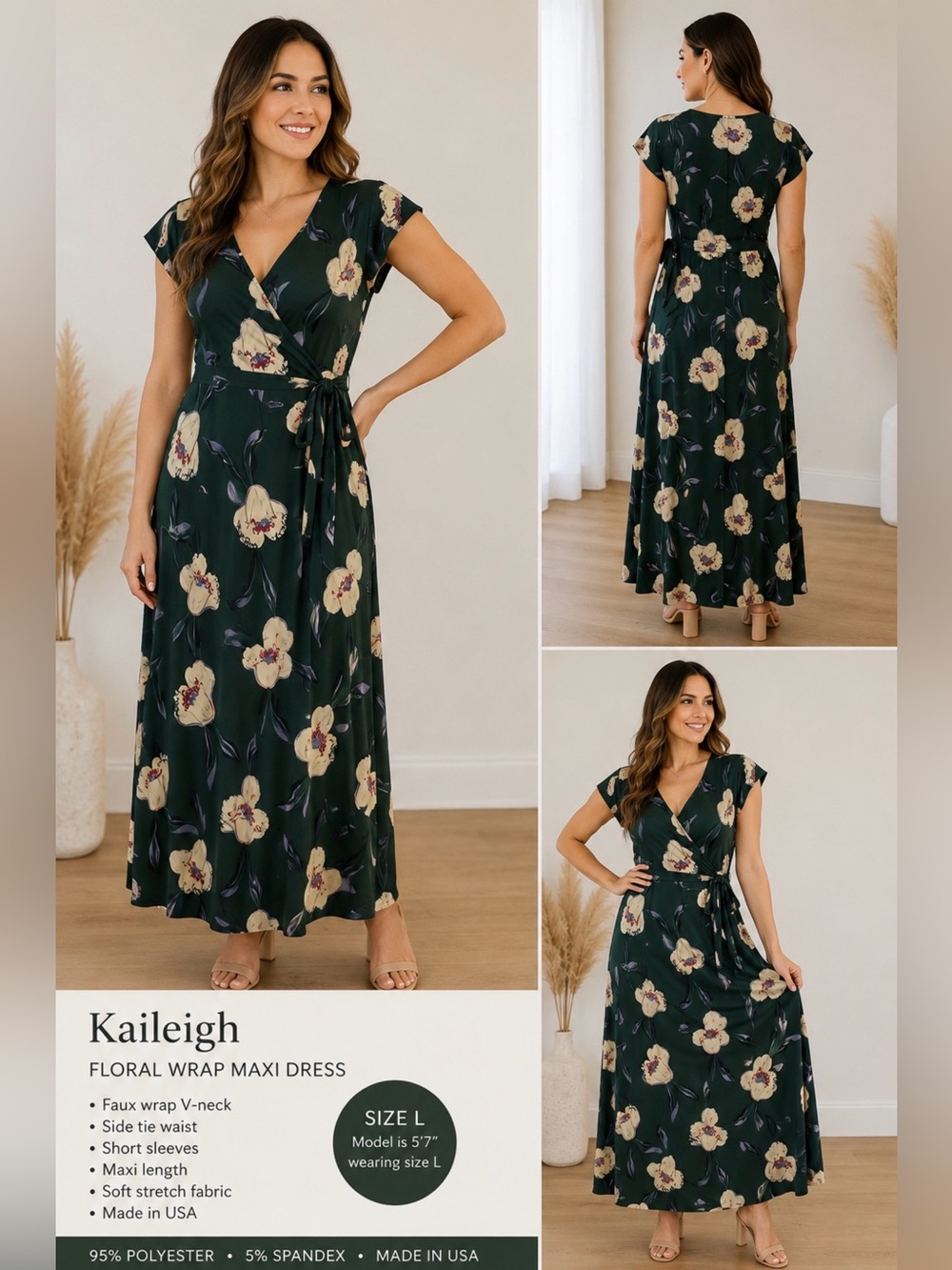 Kaileigh Green Floral Wrap Maxi Dress Size L Made in USA